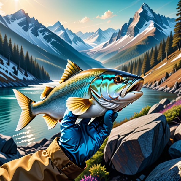 Drawing of a haddock in a gloves in the mountains