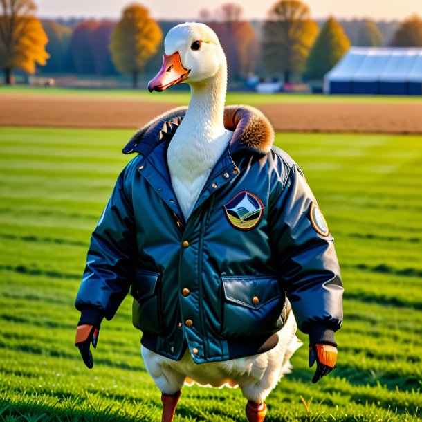 Pic of a goose in a jacket on the field