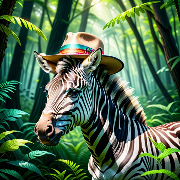 Ilustração de uma zebra em um chapéu na floresta