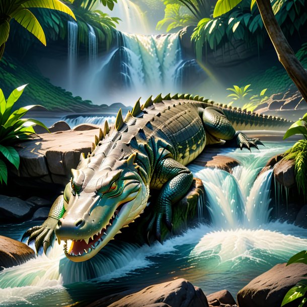 Picture of a sleeping of a crocodile in the waterfall