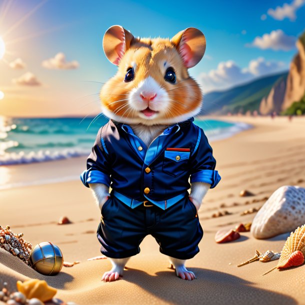 Image of a hamster in a trousers on the beach