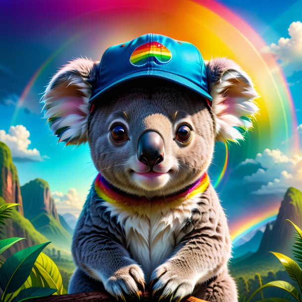 Illustration of a koala in a cap on the rainbow