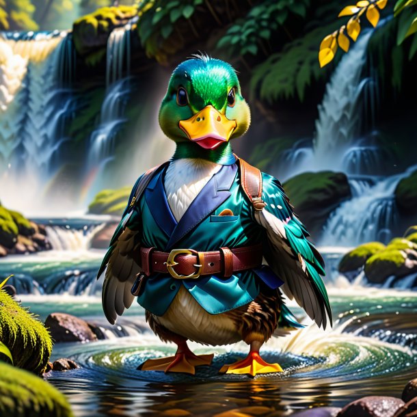 Image of a duck in a belt in the waterfall