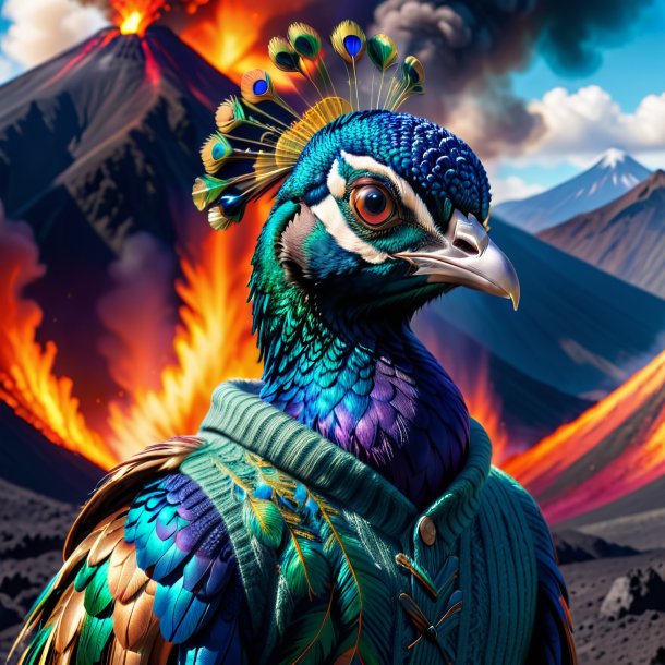 Image of a peacock in a sweater in the volcano