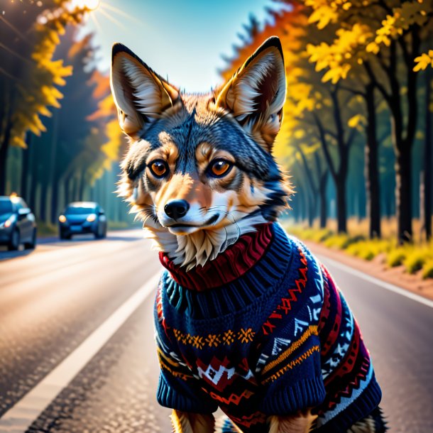 Photo of a jackal in a sweater on the road