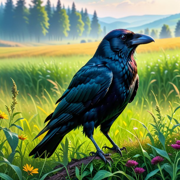 Picture of a waiting of a crow in the meadow