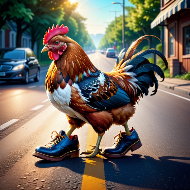 Illustration of a hen in a shoes on the road