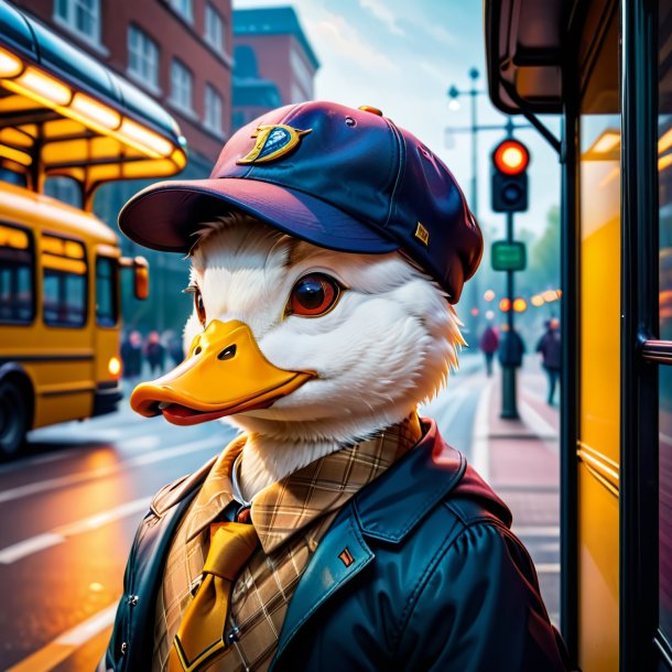 Picture of a duck in a cap on the bus stop