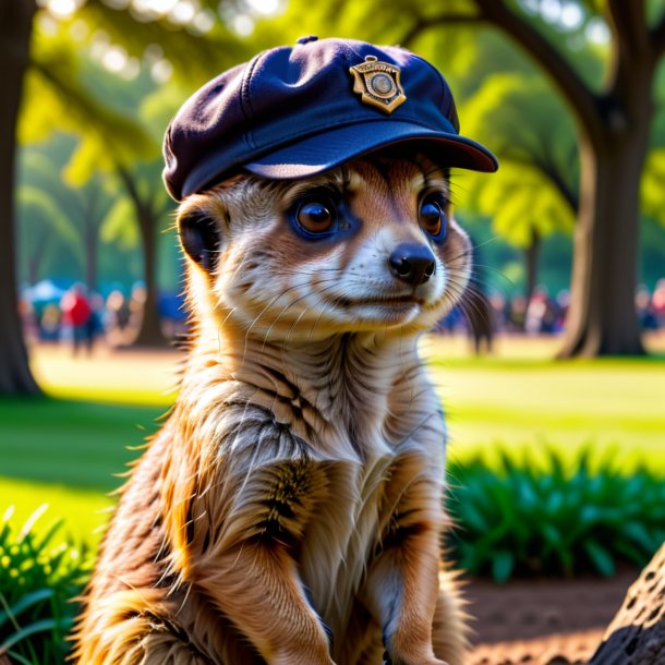 Foto de um meerkat em um boné no parque