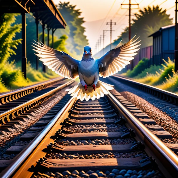 Image of a jumping of a dove on the railway tracks