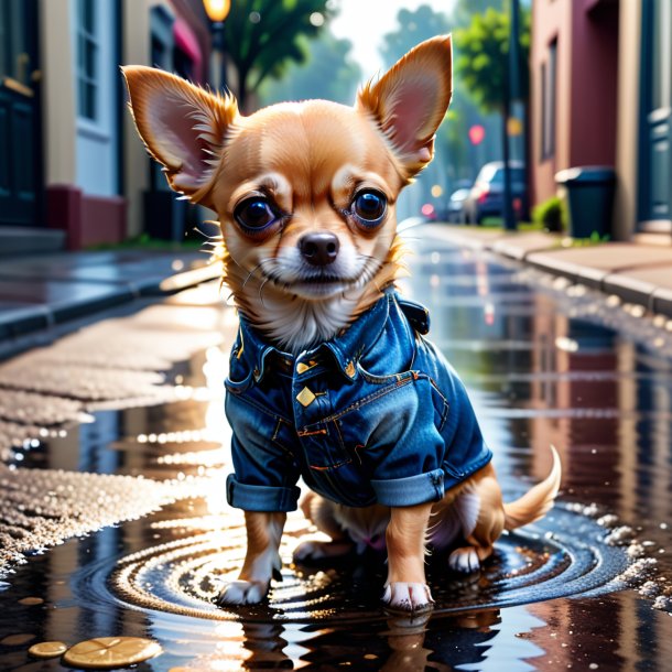 Photo of a chihuahua in a jeans in the puddle