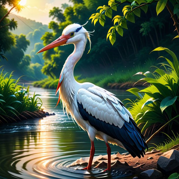 Illustration of a stork in a cap in the river