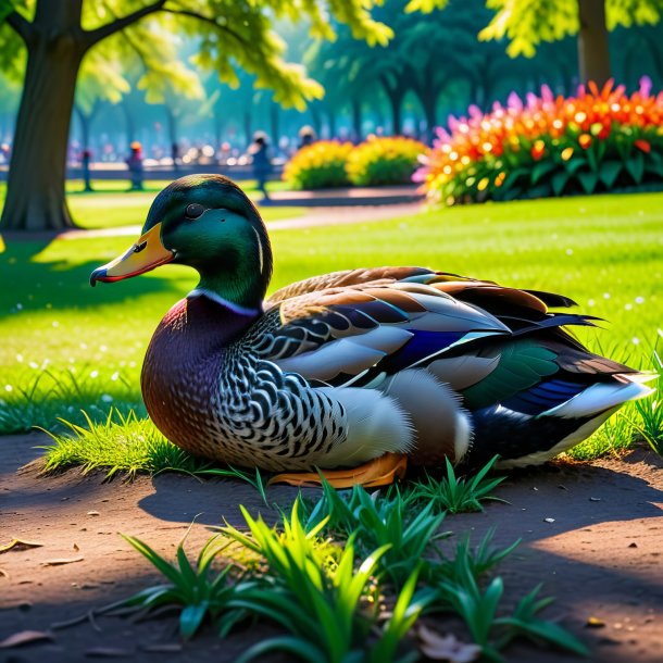 Photo of a sleeping of a duck in the park