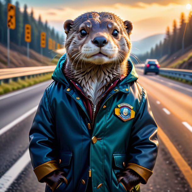 Image of a otter in a jacket on the highway