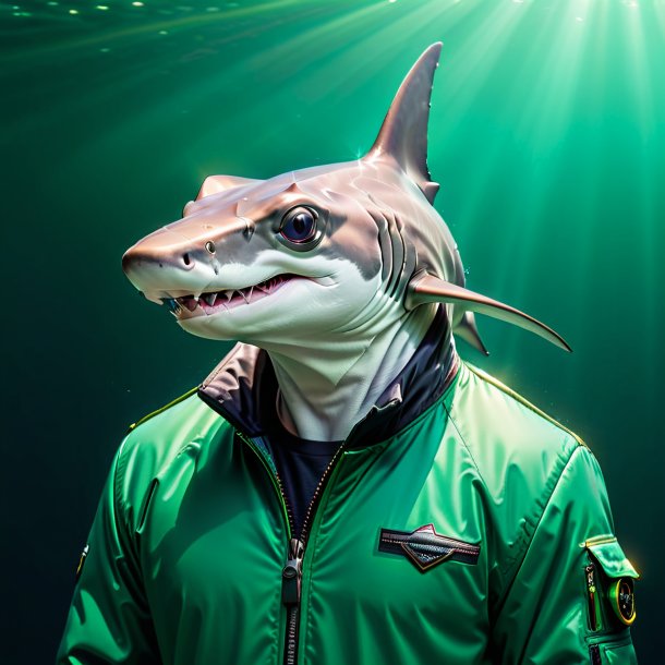 Picture of a hammerhead shark in a green jacket