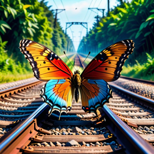 Foto de un enojado de una mariposa en las vías del tren