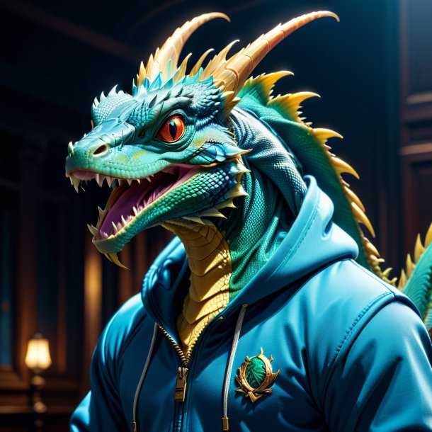 Image of a basilisk in a blue hoodie