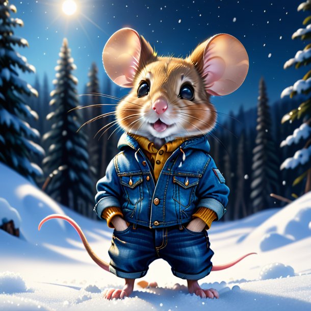 Ilustração de um rato em um jeans na neve