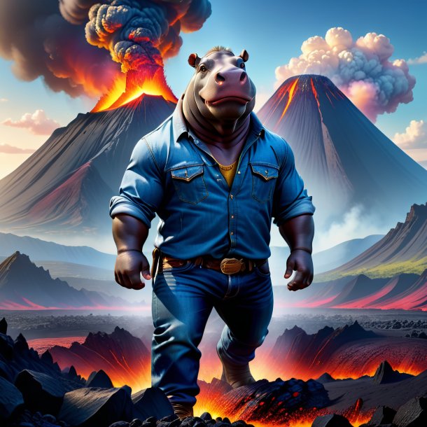 Illustration of a hippopotamus in a jeans in the volcano