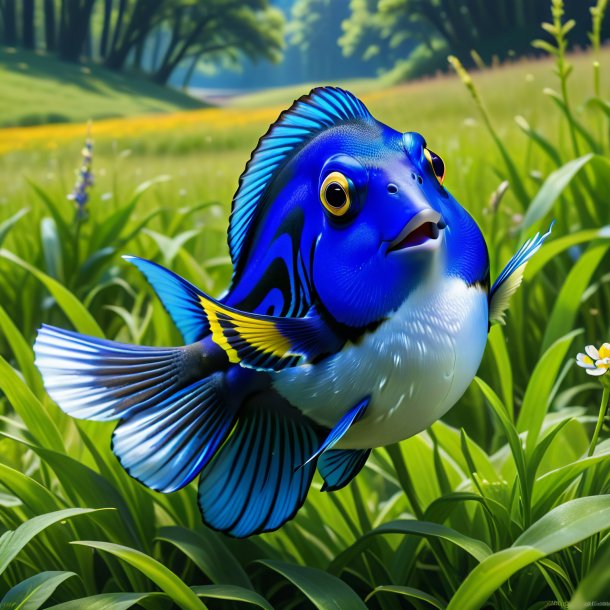 Image of a blue tang in a dress in the meadow