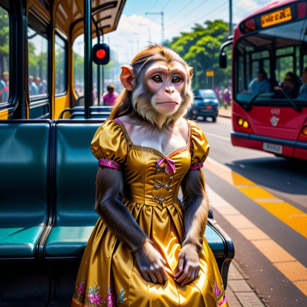 Picture of a monkey in a dress on the bus stop