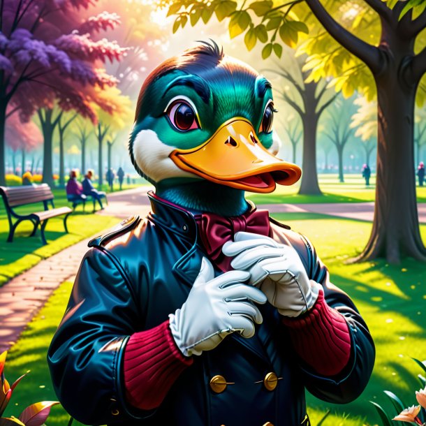 Illustration of a duck in a gloves in the park