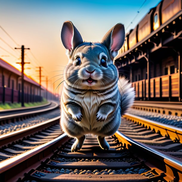 Image of a jumping of a chinchillas on the railway tracks