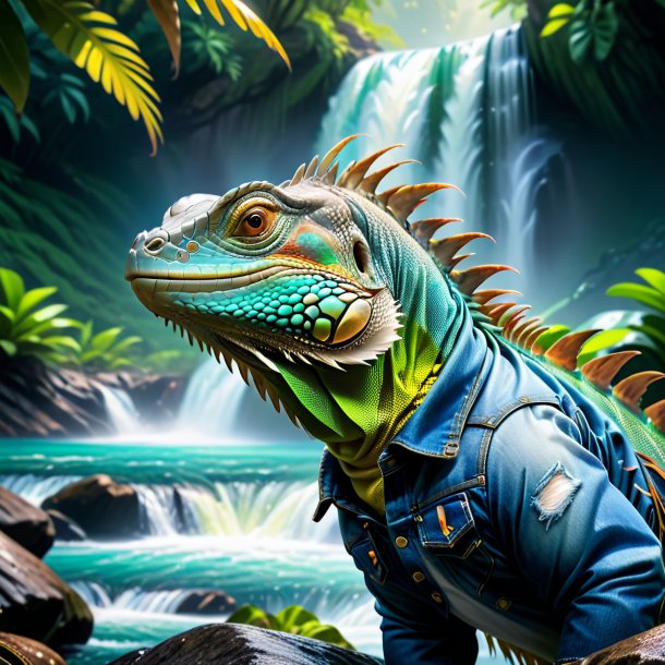 Picture of a iguana in a jeans in the waterfall