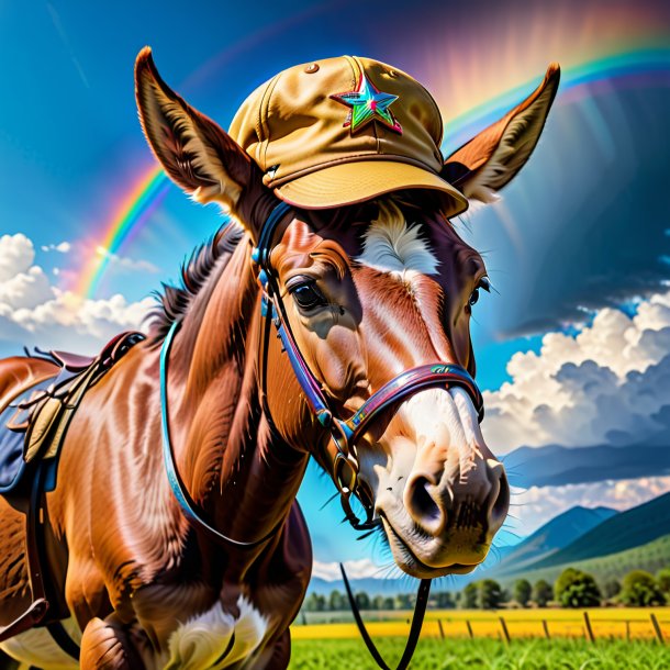 Foto de una mula en una gorra en el arco iris