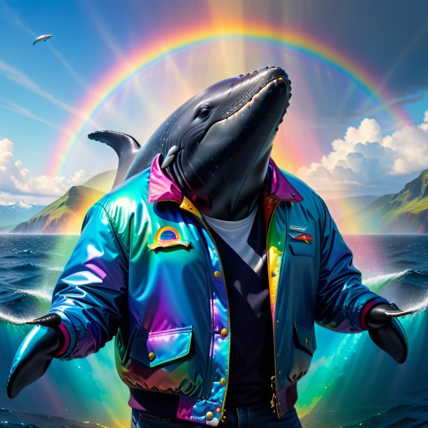 Foto de una ballena en una chaqueta en el arco iris