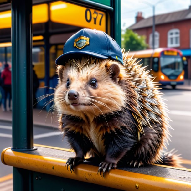 Foto de um porco-espinho em um boné no ponto de ônibus