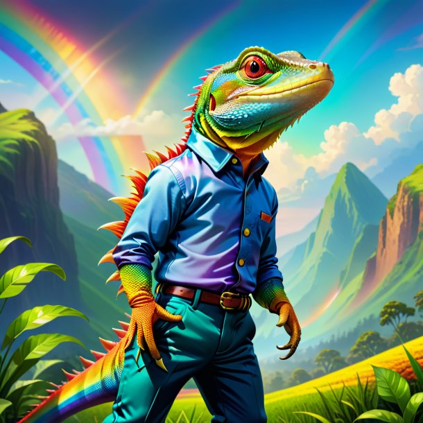 Illustration of a lizard in a trousers on the rainbow