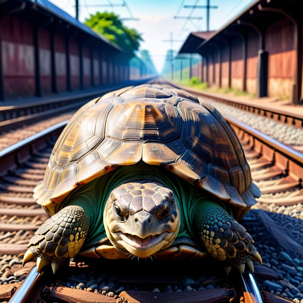 Image of a playing of a tortoise on the railway tracks