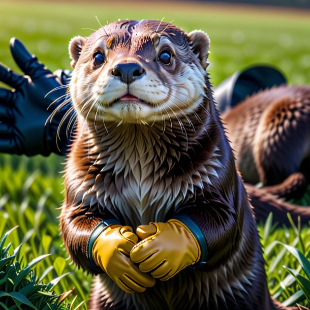 Foto de una nutria en guantes en el campo