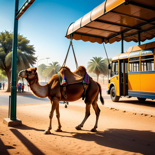 Image of a swinging on a swing of a camel on the bus stop