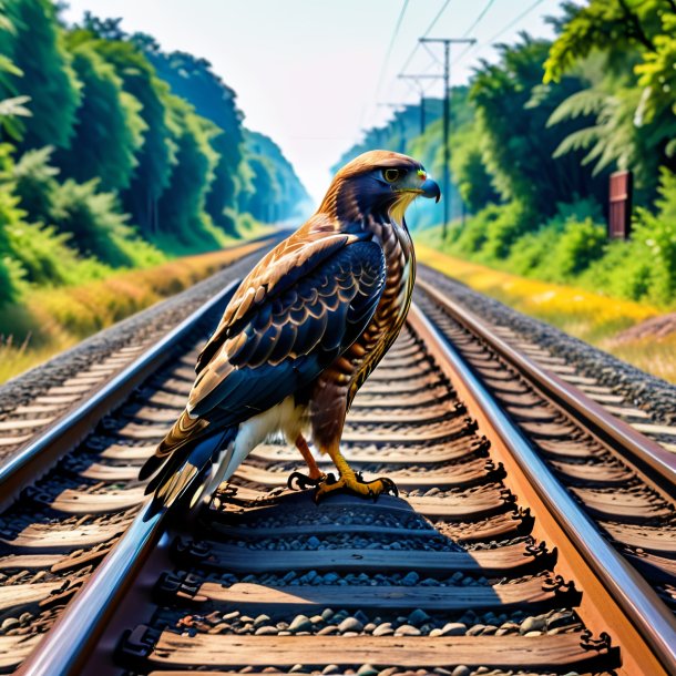 De uma foto de um falcão à espera nos trilhos ferroviários