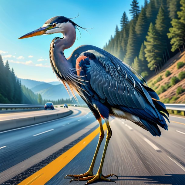 Drawing of a heron in a jeans on the highway