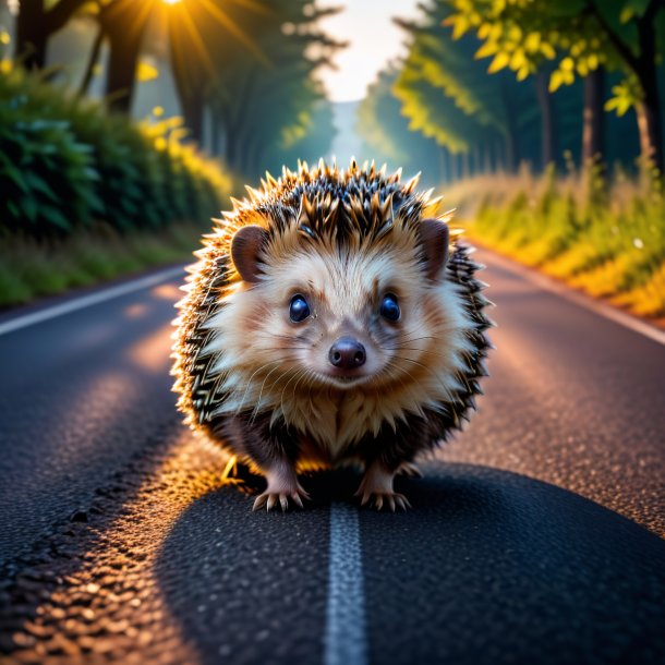 Photo of a hedgehog in a belt on the road