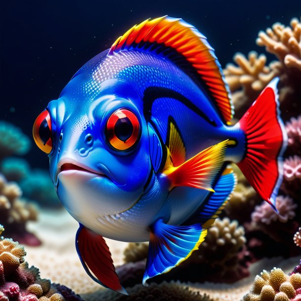 Image of a blue tang in a red gloves