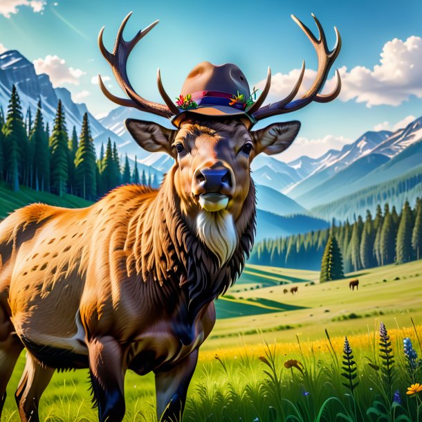 Photo d'un wapiti dans un chapeau dans la prairie