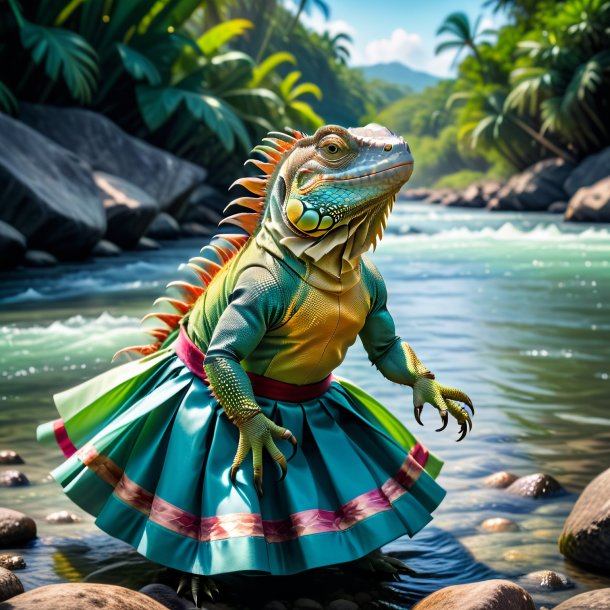 Photo of a iguana in a skirt in the river