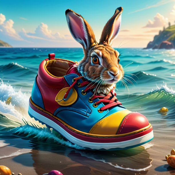 Ilustración de una liebre en los zapatos en el mar