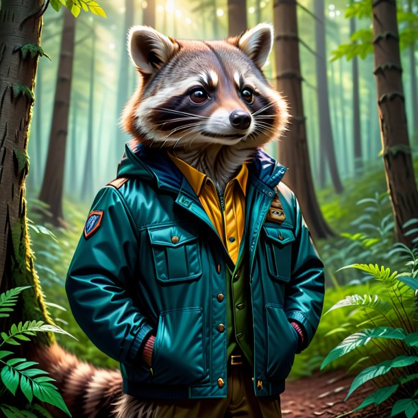 Ilustración de un mapache en una chaqueta en el bosque