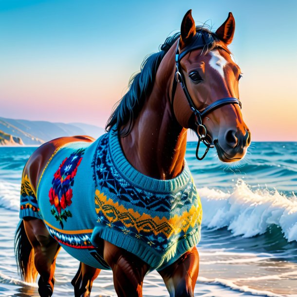 Foto de um cavalo em um suéter no mar