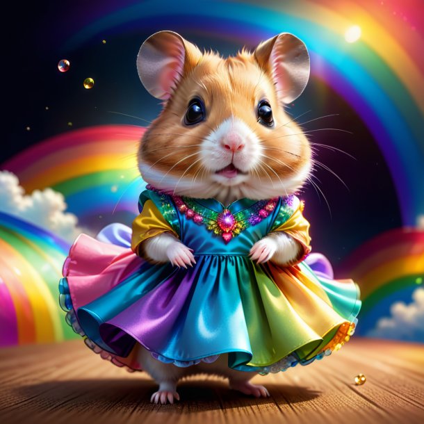 Illustration of a hamster in a dress on the rainbow