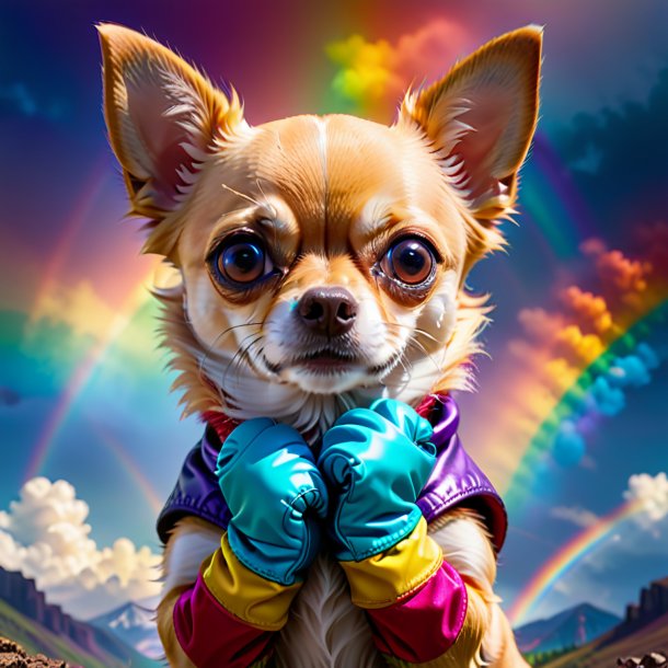 Picture of a chihuahua in a gloves on the rainbow