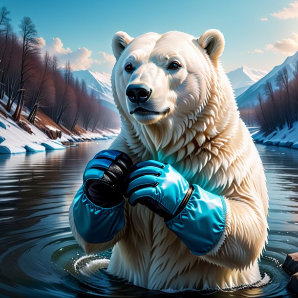 Illustration of a polar bear in a gloves in the river