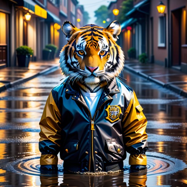 Foto de un tigre en una chaqueta en el charco