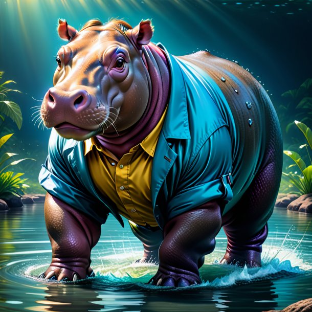 Drawing of a hippopotamus in a trousers in the water