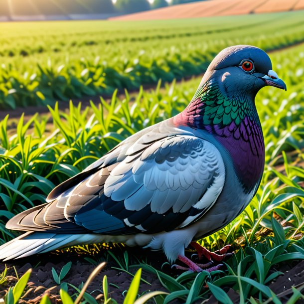 Image of a sleeping of a pigeon on the field